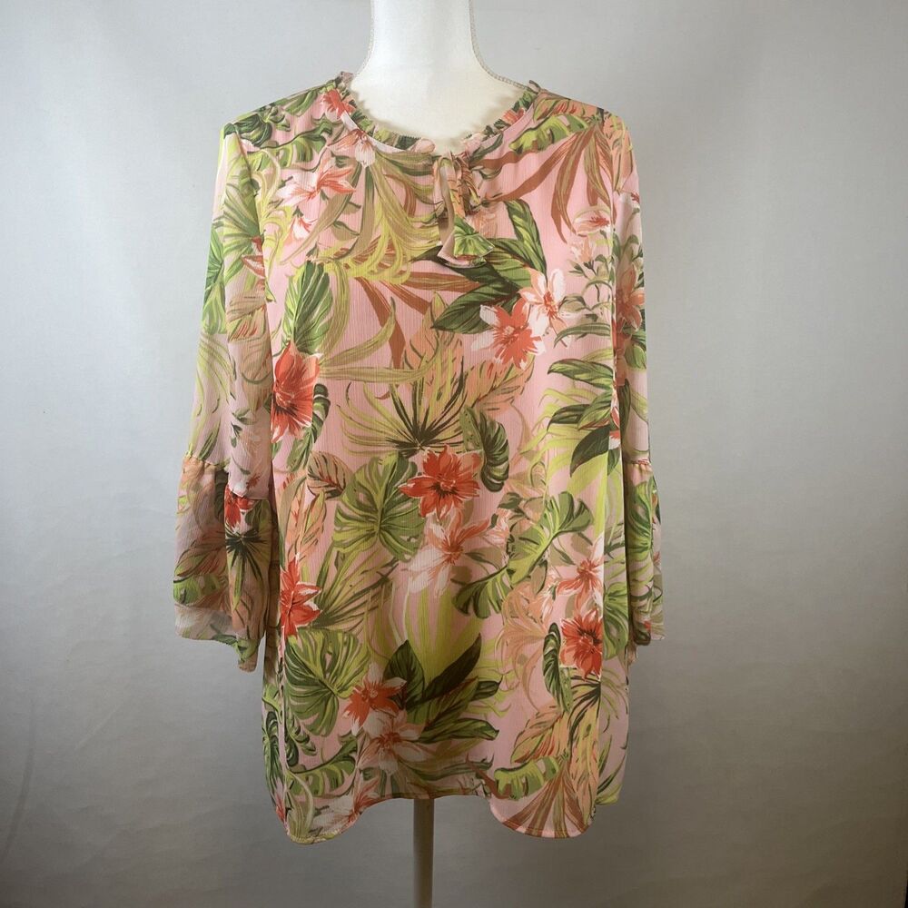 J. Jill Floral Blouse Women’s Size L Lined Bell Sleeve Key Hole Neck